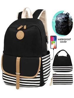 SCIONE USB School Backpacks Set for Women and Teen Girls with Rain Cover