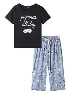 VENTELAN Pajamas for Women Short Sleeve Capri Pajama Set Soft Sleepwear