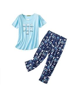 Mia Lucce Womens Pajama Set -Cute Print Tops with Capri Pants PJ Sets-2 Piece Sleepwear(M~3XL)