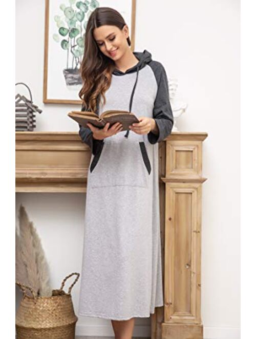 Ekouaer Sleepwear Women Long/Short Sleeve Hooded Nightgown Contrast Color Full Length Loungewear with Pocket