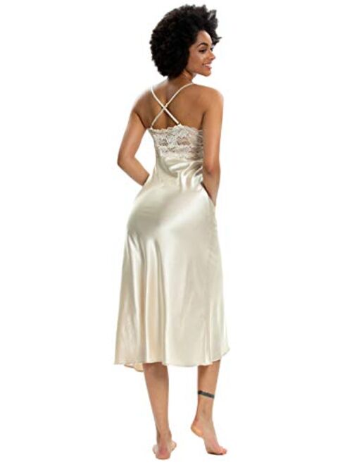 Alcea Rosea Womens Sleepwear Lace Lingerie Chemises V Neck Nightgown Sexy Long Sleep Dress Sleeveless Lace for Women Elegant