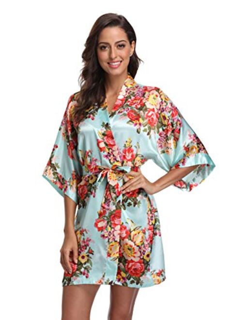 Floral Robes for Women Bride Bridesmaid Short Kimono Robe Satin Dressing Gown for Wedding Party