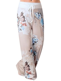 X-Image Women's Comfy Casual Lounge Pants Floral Print Drawstring Palazzo Wide Leg Pajama Pants