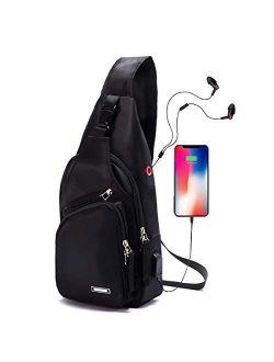 Men's Sling Bag Water Resistant Shoulder Chest Crossbody Bags Sling Backpack with USB Charging Port