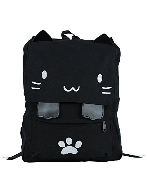 Black College Cute Cat Embroidery Canvas School Backpack Bags for Kids Kitty