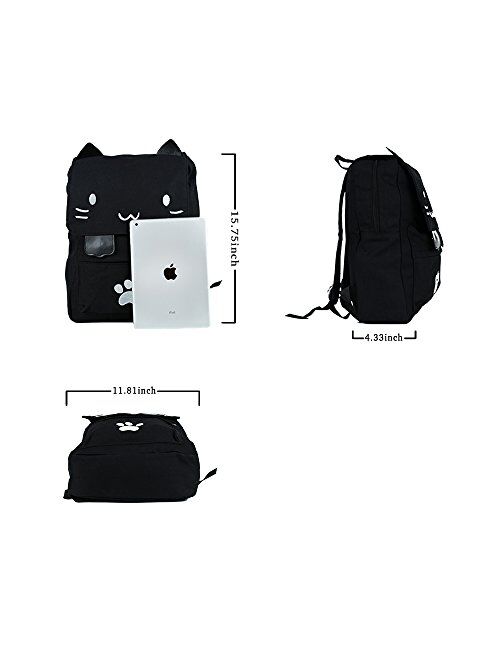 Black College Cute Cat Embroidery Canvas School Backpack Bags for Kids Kitty