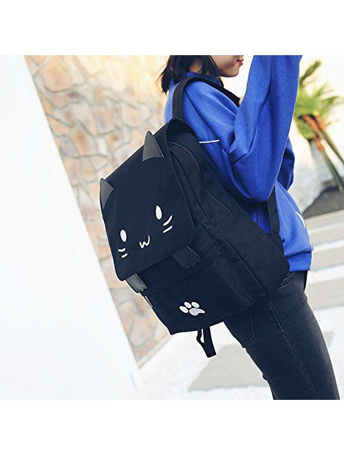 Black College Cute Cat Embroidery Canvas School Backpack Bags for Kids Kitty