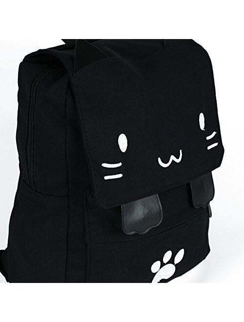Black College Cute Cat Embroidery Canvas School Backpack Bags for Kids Kitty
