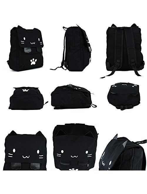 Black College Cute Cat Embroidery Canvas School Backpack Bags for Kids Kitty