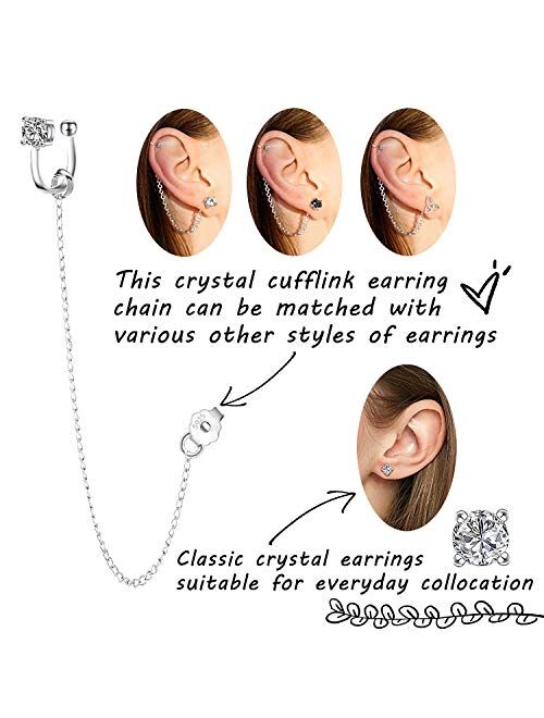 ELEDUCTMON Cubic Zirconia Crystal Ear Cuff Earrings Chain Sterling Silver Hypoallergenic Cubic Zirconia Earrings Rhinestones Drop Dangle Earrings 2 in 1 earrings Piercing