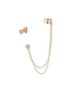 Geometric Band Chain CZ Cartilage Ear Warp Cuffs Stud Lobe Earring For Women Men Rose Gold Plated 925 Sterling Silver
