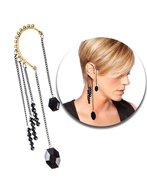 VAGA Dangling Earrings For Women, Elegant Black Colored Circular Cuff Earring With 5 Long Tassels Dangles And Beads, Long Earrings For Women And Girls