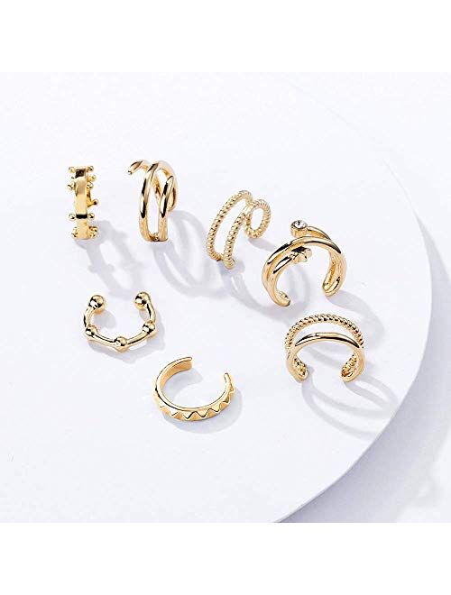 10pcs Ear Cuffs Gold No Piercing Fake Helix Classic Round Huggie Earrings Clip on Cartilage Ear Cuff Earring Set for Women Girls