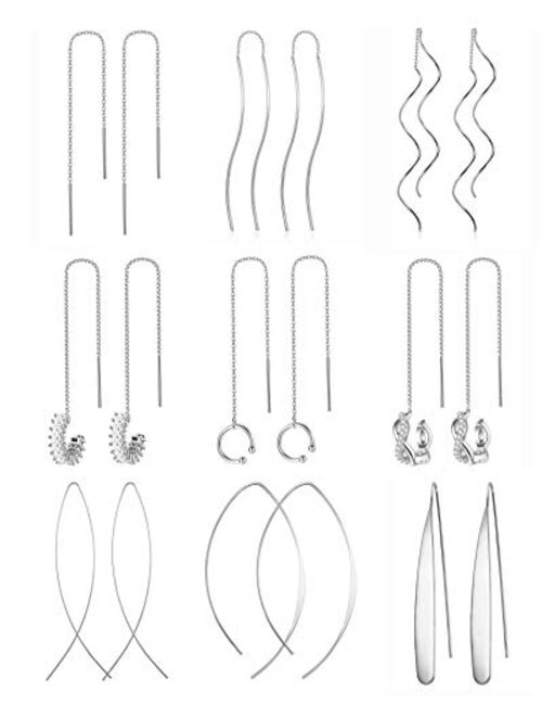 Finrezio 9Pairs Stainless Steel Threader Earrings for Women Teen Girls Simple Long Chain Climbers Earring CZ Crystal Wave Ear Cuff Crawler Earrings Set