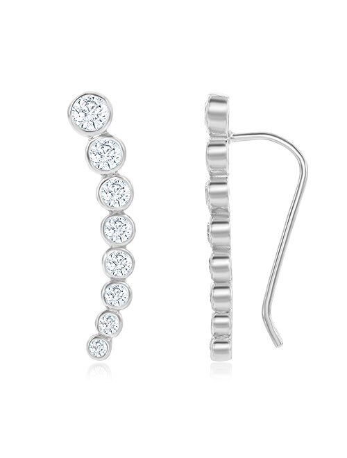 Sterling Silver 925 Gold/Rose Gold Bezel-set Zirconia Curved Bar Ear Climber Crawler Cuff Studs Hypoallergenic Earrings
