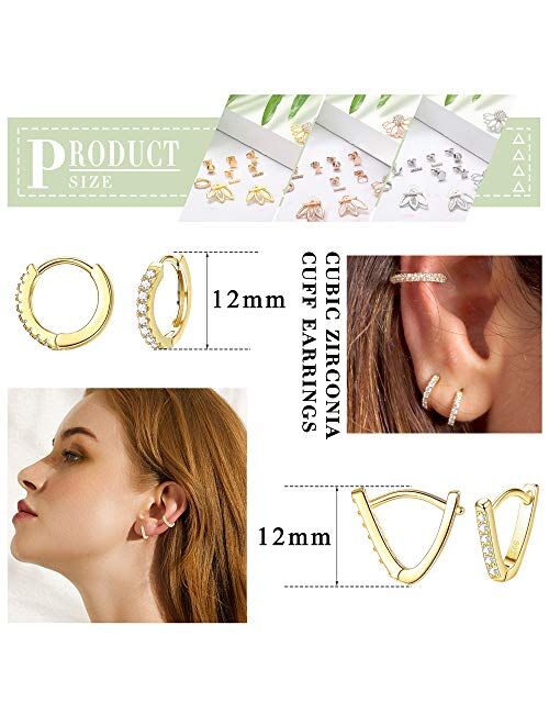 LOYALLOOK 10Pairs Stainless Steel Stud Earring Set Moon Star Bar Earrings Lotus Ear Jacket CZ Cuff Hoop Huggie Cartilage Earring for Women