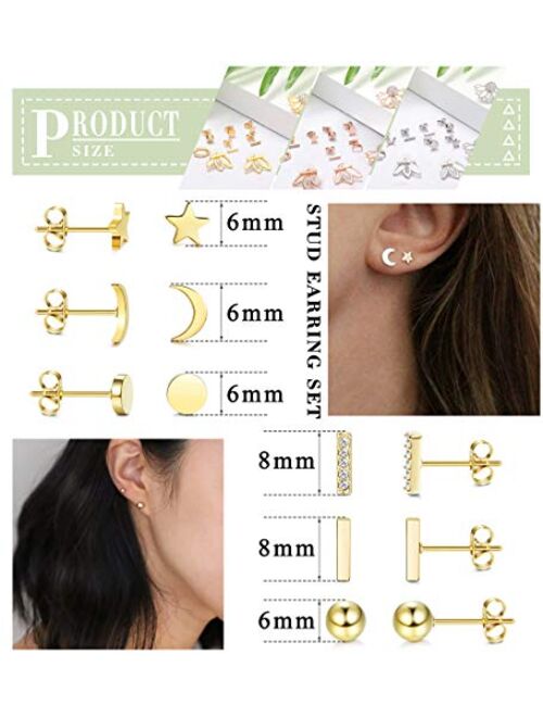 LOYALLOOK 10Pairs Stainless Steel Stud Earring Set Moon Star Bar Earrings Lotus Ear Jacket CZ Cuff Hoop Huggie Cartilage Earring for Women