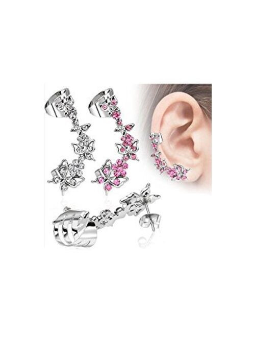 Nose Ring Bling 316L Surgical Steel Ear Cartilage Butterfly Dangle Earring Cuff Choose Your Color & Side