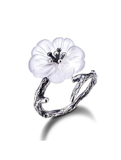 Lotus Fun 925 Sterling Silver Rings Flower in The Rain Open Crystal Ring Handmade Jewelry Unique Gift for Women and Girls