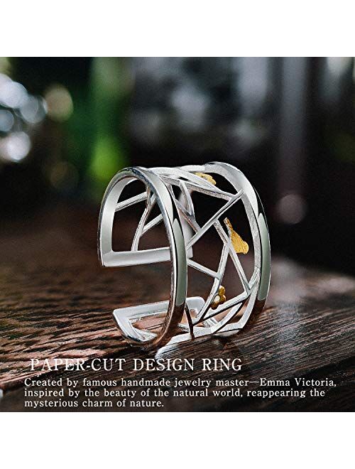 Lotus Fun 925 Sterling Silver Rings Oriental Element Window Decoration Paper-cut Design Open Ring Handmade Jewelry Unique Gifts for Women and Girls