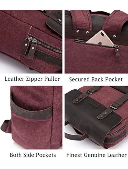 Vaschy Vintage Leather Backpack for Men Canvas Rucksack Bookbag Daypack