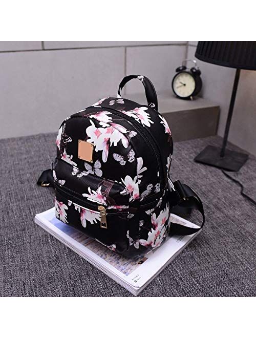 Women Girls Mini Backpack Fashion Causal Floral Printing Leather Bag