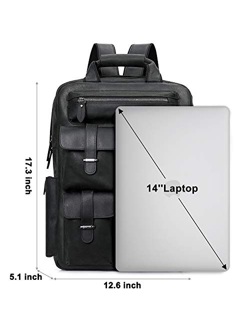 S-ZONE Men Vintage Genuine Leather Backpack Daypack Multi Pockets Travel Bag