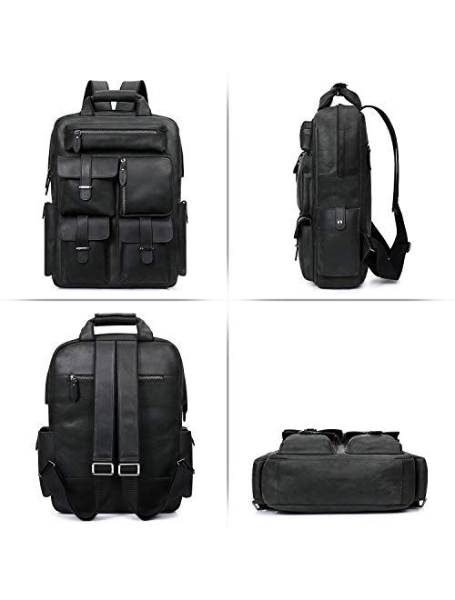 S-ZONE Men Vintage Genuine Leather Backpack Daypack Multi Pockets Travel Bag