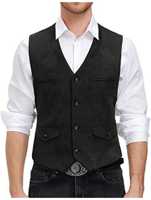 Paul Jones Men's Suede Leather Vest Casual Slim Fit Western Cowboy Waistcoat
