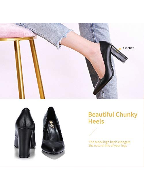 IDIFU Women's IN4 Chunky-HI Block High Heels Closed Pointed Toe Pumps Dress Office Shoes for Women