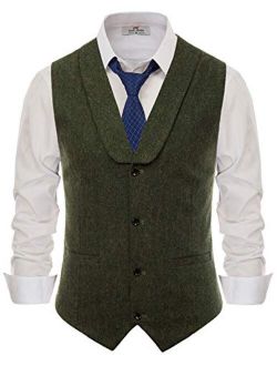 Mens Herringbone Tweed Suit Vest Lapel Collar Wool Blend Waistcoat
