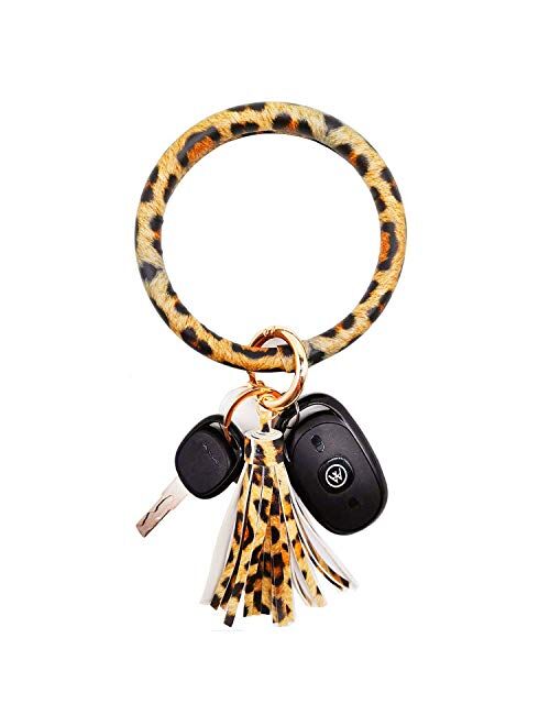 wristlet keychain bracelet, Leather Tassel Key Ring Keychain Bangle Circle Keyring Bracelets for Women and Girls