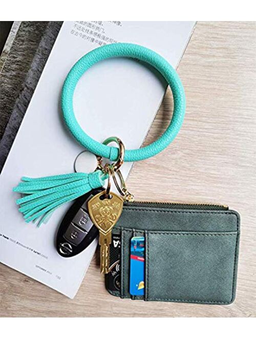wristlet keychain bracelet, Leather Tassel Key Ring Keychain Bangle Circle Keyring Bracelets for Women and Girls