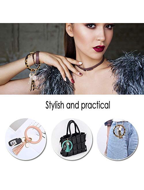 wristlet keychain bracelet, Leather Tassel Key Ring Keychain Bangle Circle Keyring Bracelets for Women and Girls