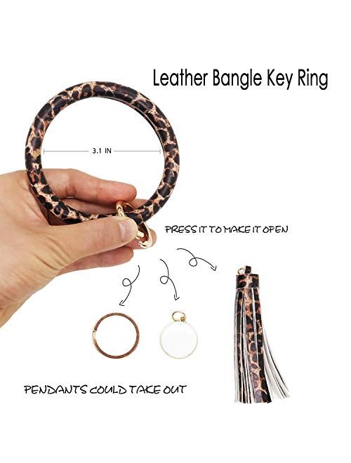 wristlet keychain bracelet, Leather Tassel Key Ring Keychain Bangle Circle Keyring Bracelets for Women and Girls