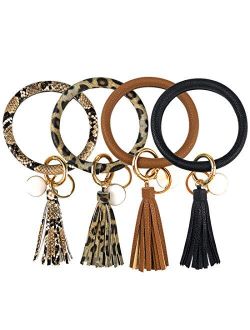 4PCS Leather Wristlet Keychain Bracelet Bangle Round Key Ring Large Circle Tassel Key Chain Bracelet Holder for Women Girls