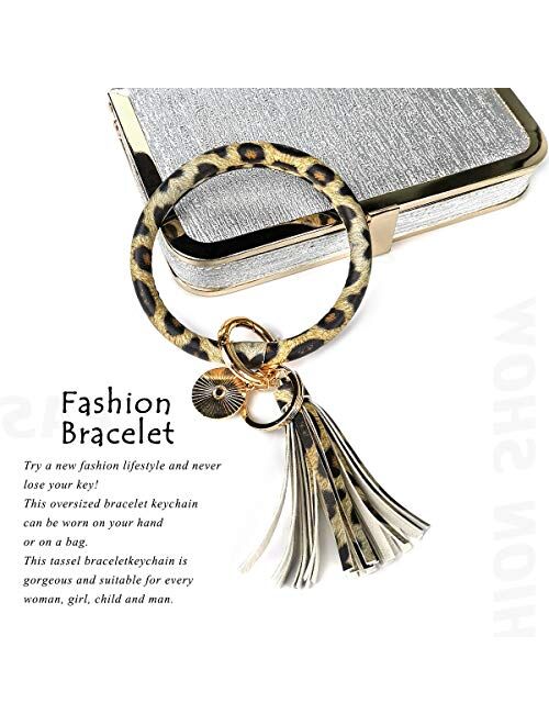 4PCS Leather Wristlet Keychain Bracelet Bangle Round Key Ring Large Circle Tassel Key Chain Bracelet Holder for Women Girls