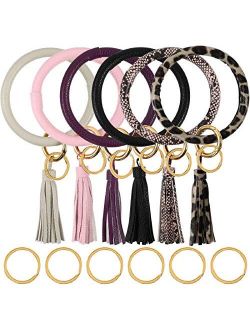 Habbi 6pcs Wristlet Keychain Bracelet with Tassel, Leather Bracelet Bangle Key Ring for Women Girl, 4 Inches