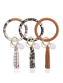 3PCS Key Ring Bracelets Wristlet Keychain, Leather Bangle Keyring for Women