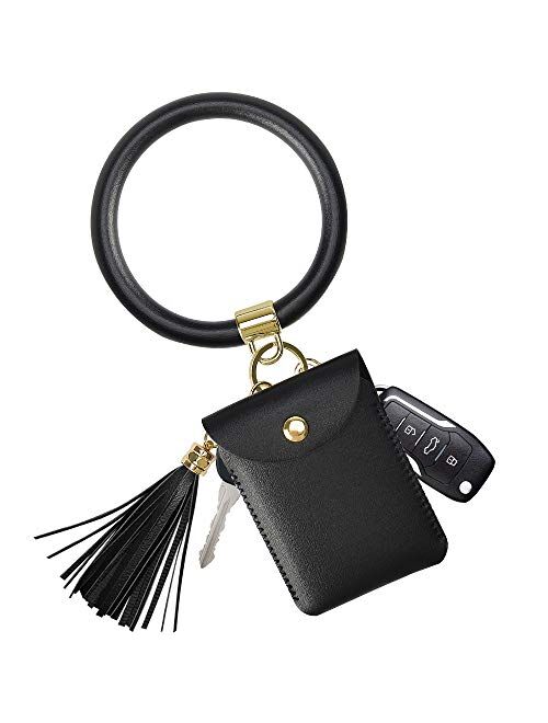 SS Keychain Wallet Bracelet,Key Ring Bracelet Wristlet Bangle Circle Leather Tassel Key Ring Chain for Women