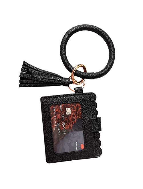 Multifunctional Wristlet Bracelet Keychain Wallet, ID Card Holder, PU Bangle Key Ring Card Purse Credit Card Pocket Tassel for Women