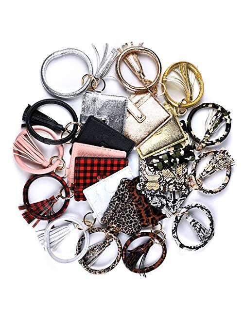 Multifunctional Wristlet Bracelet Keychain Wallet, ID Card Holder, PU Bangle Key Ring Card Purse Credit Card Pocket Tassel for Women