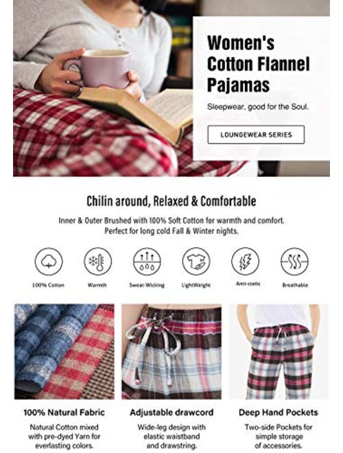 CQR Women's 100% Cotton Flannel Plaid Pajama Pants, Brushed Soft Lounge & Sleepwear PJ Bottoms with Pockets