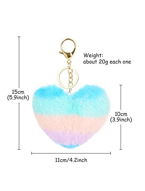 Auihiay 12 Pieces Pom Poms Keychains Fluffy Heart Shape Pompoms Keyring Faux Rabbit Fur Pompoms for Valentine Day Gift