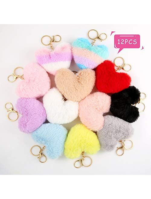 Auihiay 12 Pieces Pom Poms Keychains Fluffy Heart Shape Pompoms Keyring Faux Rabbit Fur Pompoms for Valentine Day Gift