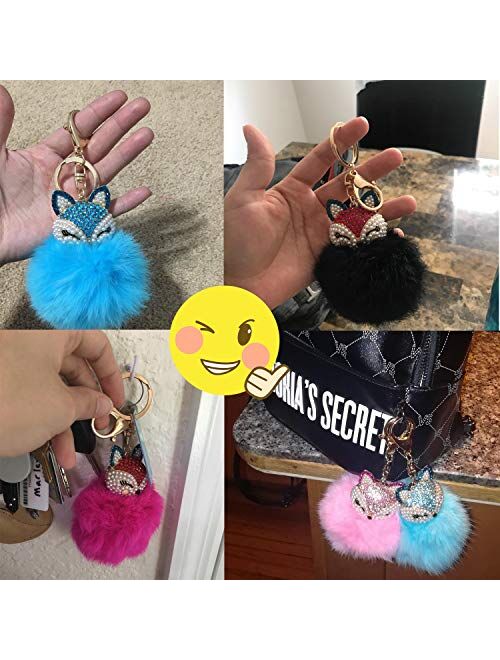JOUDOO Rabbit Fur Ball Keychain with Rhinestone Fox Head Keyring