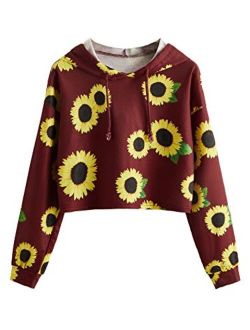 Women's Long Sleeve Hooded Floral Print Crop Hoodie Sweatshirt