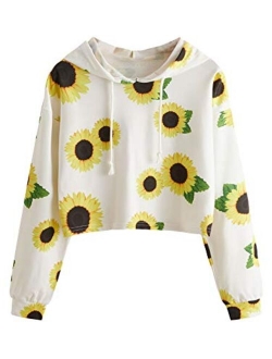 Women's Long Sleeve Hooded Floral Print Crop Hoodie Sweatshirt