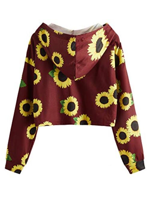 ROMWE Women's Long Sleeve Hooded Floral Print Crop Hoodie Sweatshirt