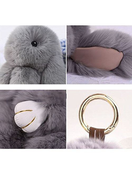 HXINFU Soft Cute Rabbit Fur Pom Pom Keychain Fluffy Real Rex Bunny Keychain Decoration